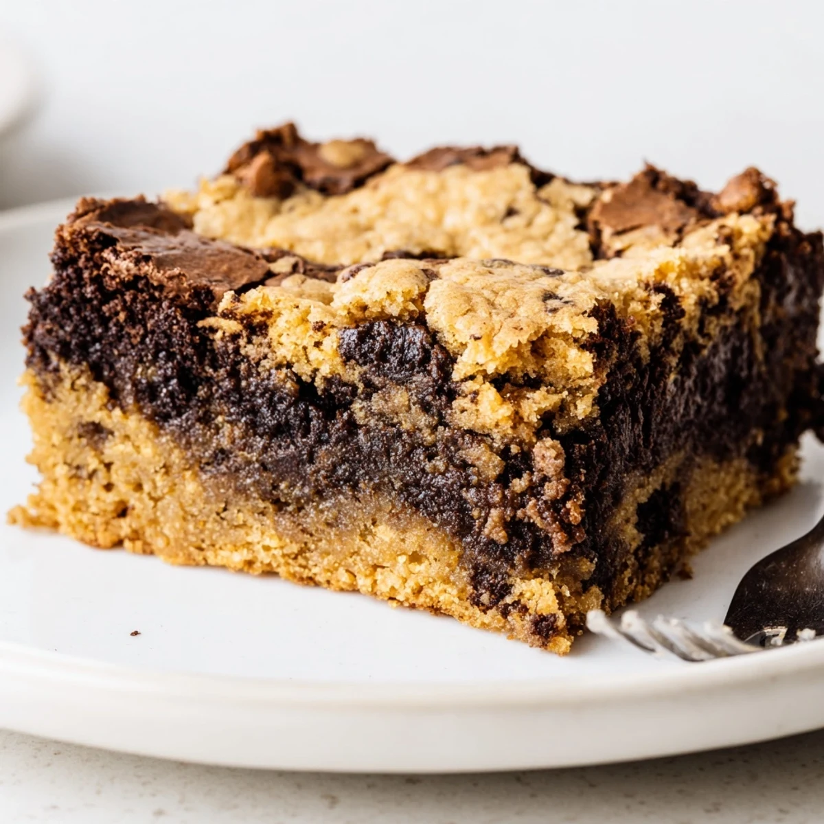 Slice of Fudgy Chewy Brookies Recipe steaming, gooey interior, chocolate chips gleaming