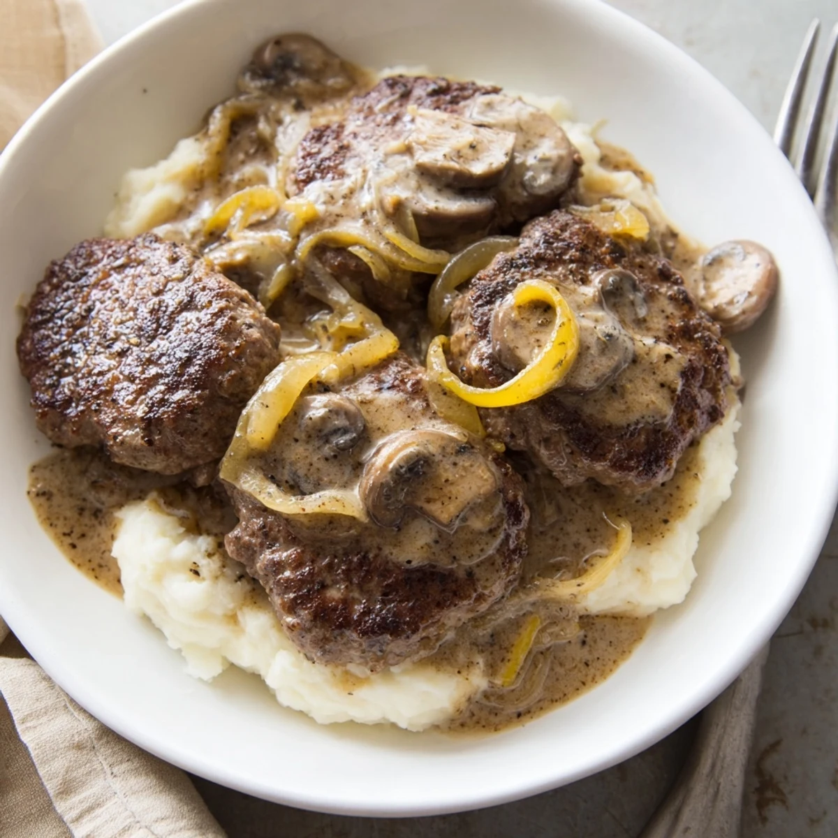 Country Style Smothered Cube Steak served on plate, thick onion and mushroom gravy steaming