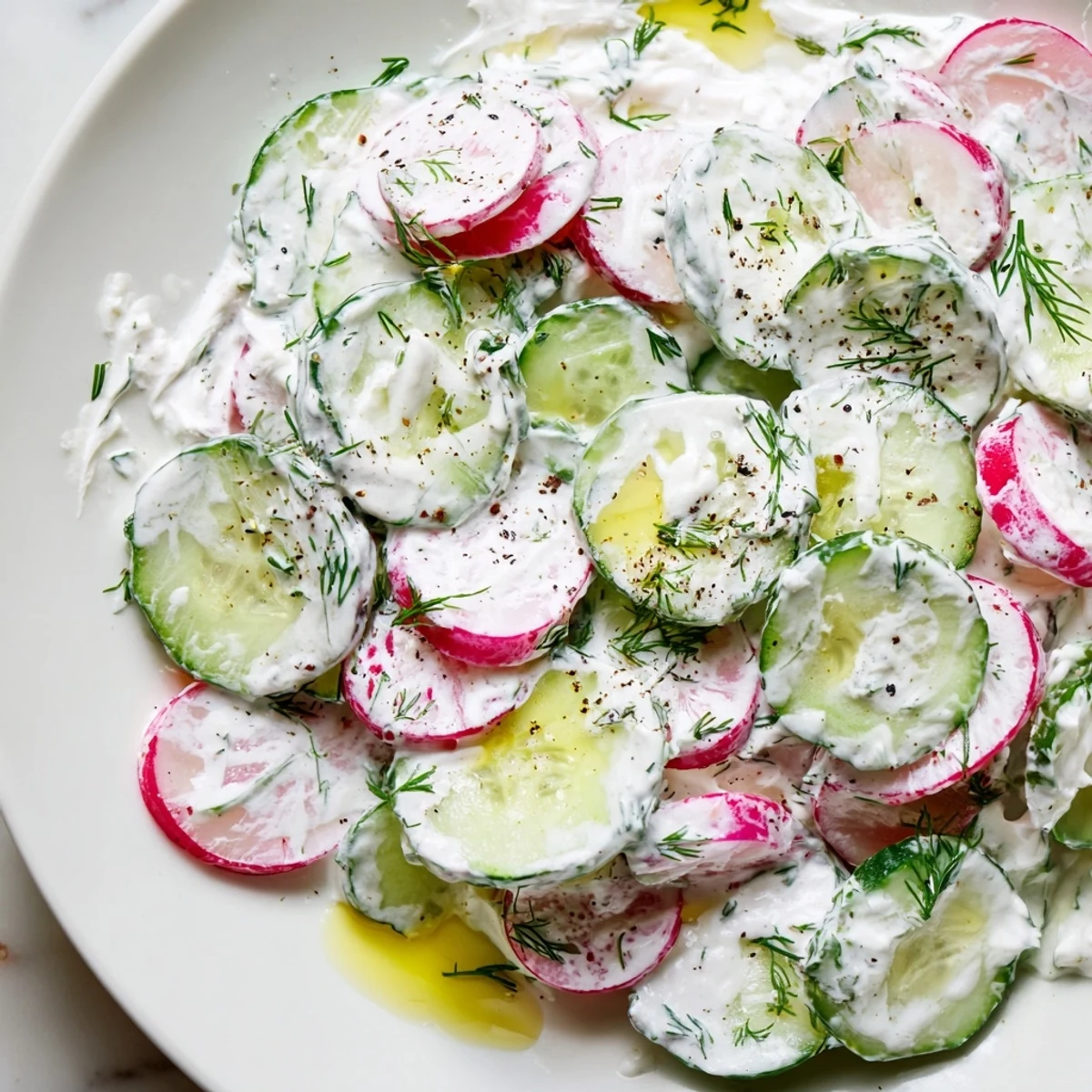 Creamy cucumber radish yogurt dill salad served chilled in a rustic white bowl with fresh herbs
