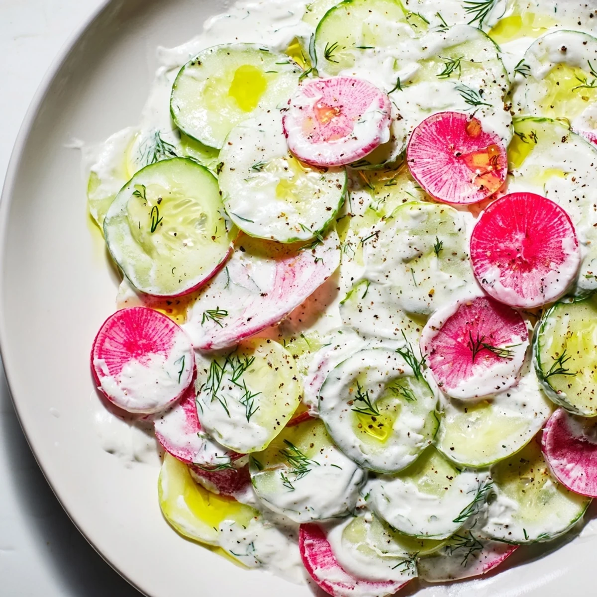 Crisp sliced cucumbers and peppery radishes coated in tangy yogurt dill dressing on a marble board