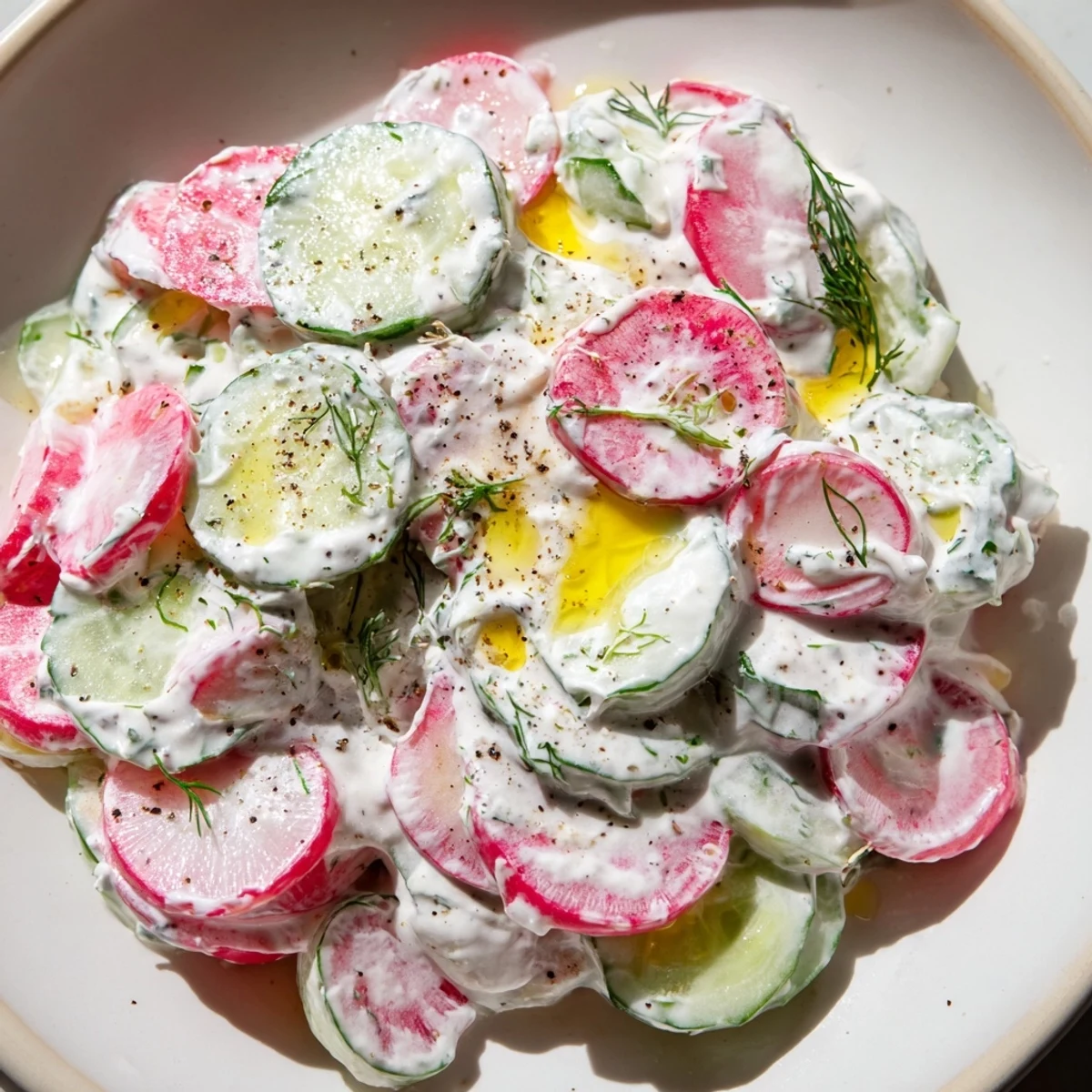 Cool cucumber radish yogurt dill salad garnished with feathery dill sprigs and a lemon wedge