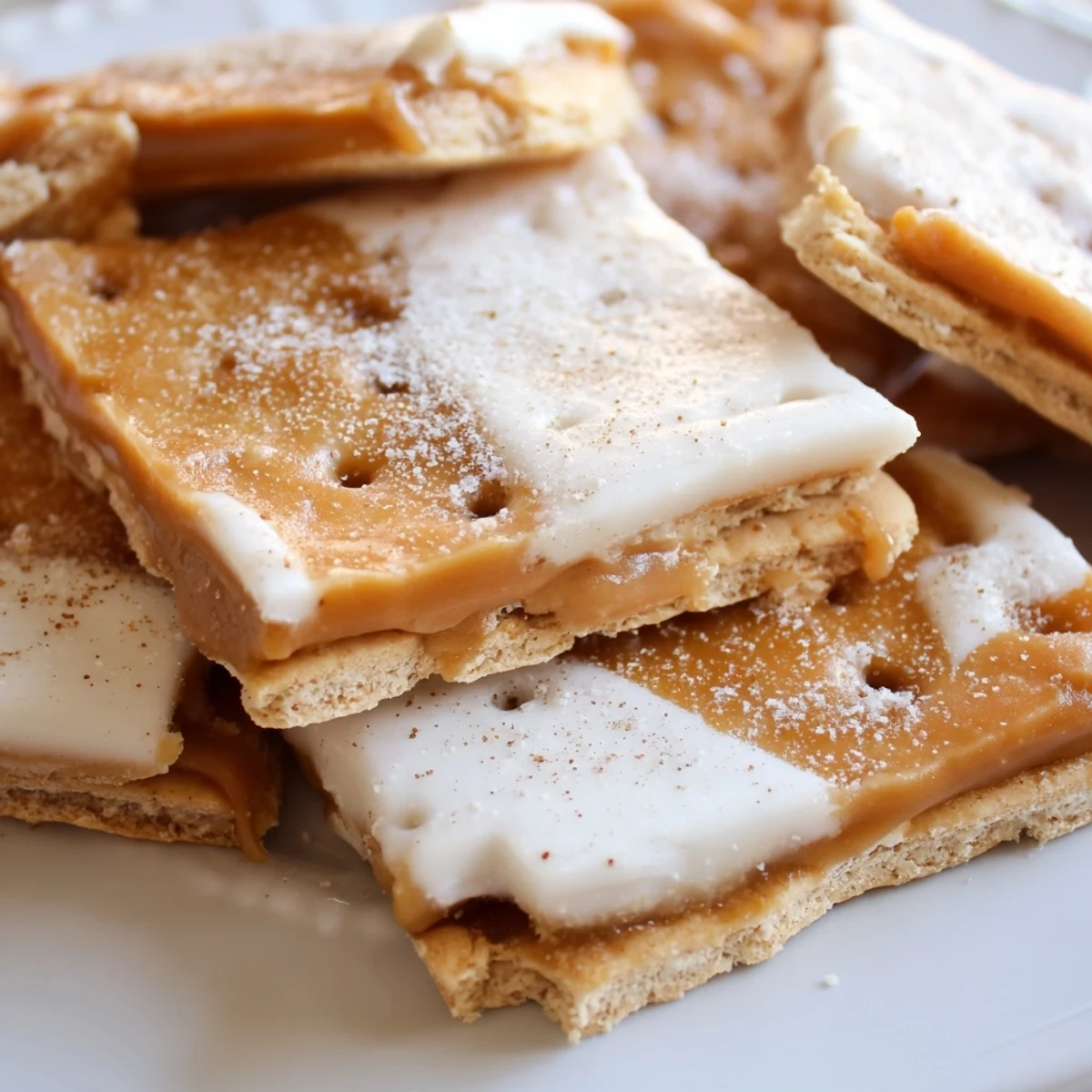 Golden churro saltine white toffee with melted white chocolate and cinnamon sugar topping