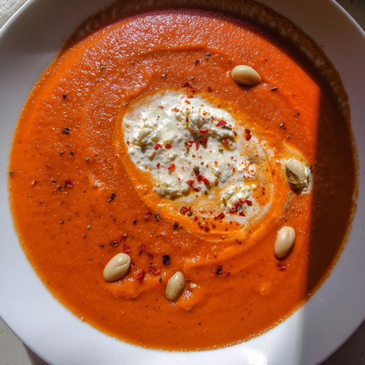 Steaming bowl of high protein tomato soup topped with fresh basil leaves
