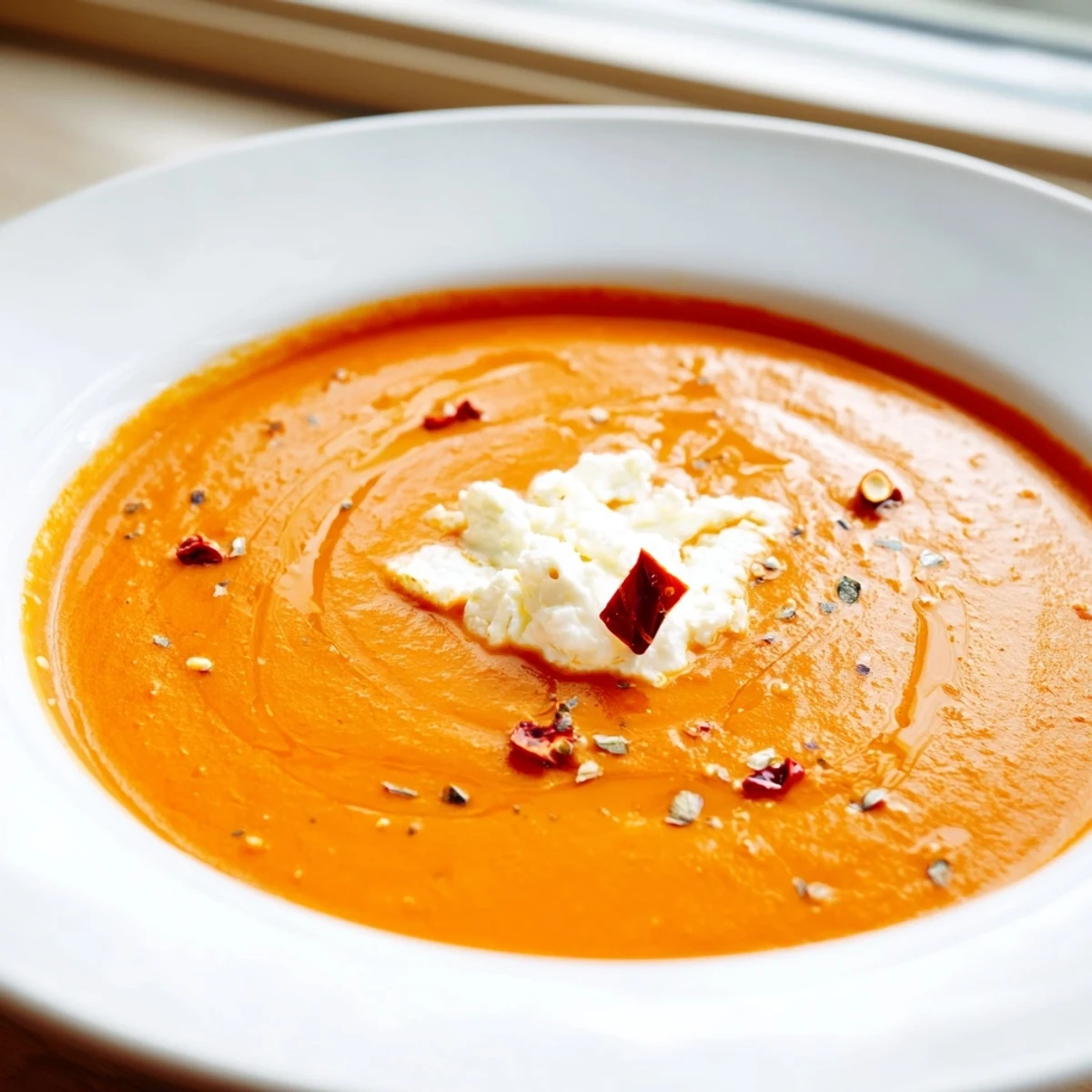 Creamy high protein tomato soup served in a rustic white ceramic bowl
