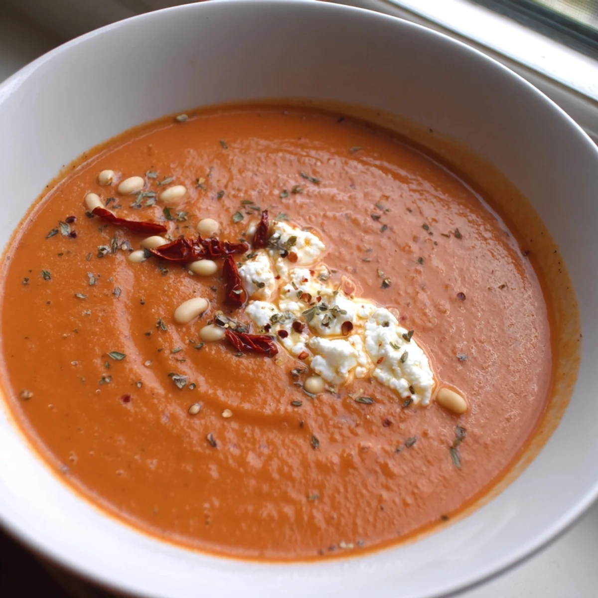 Thick velvety high protein tomato soup ladled into a mug with crusty bread