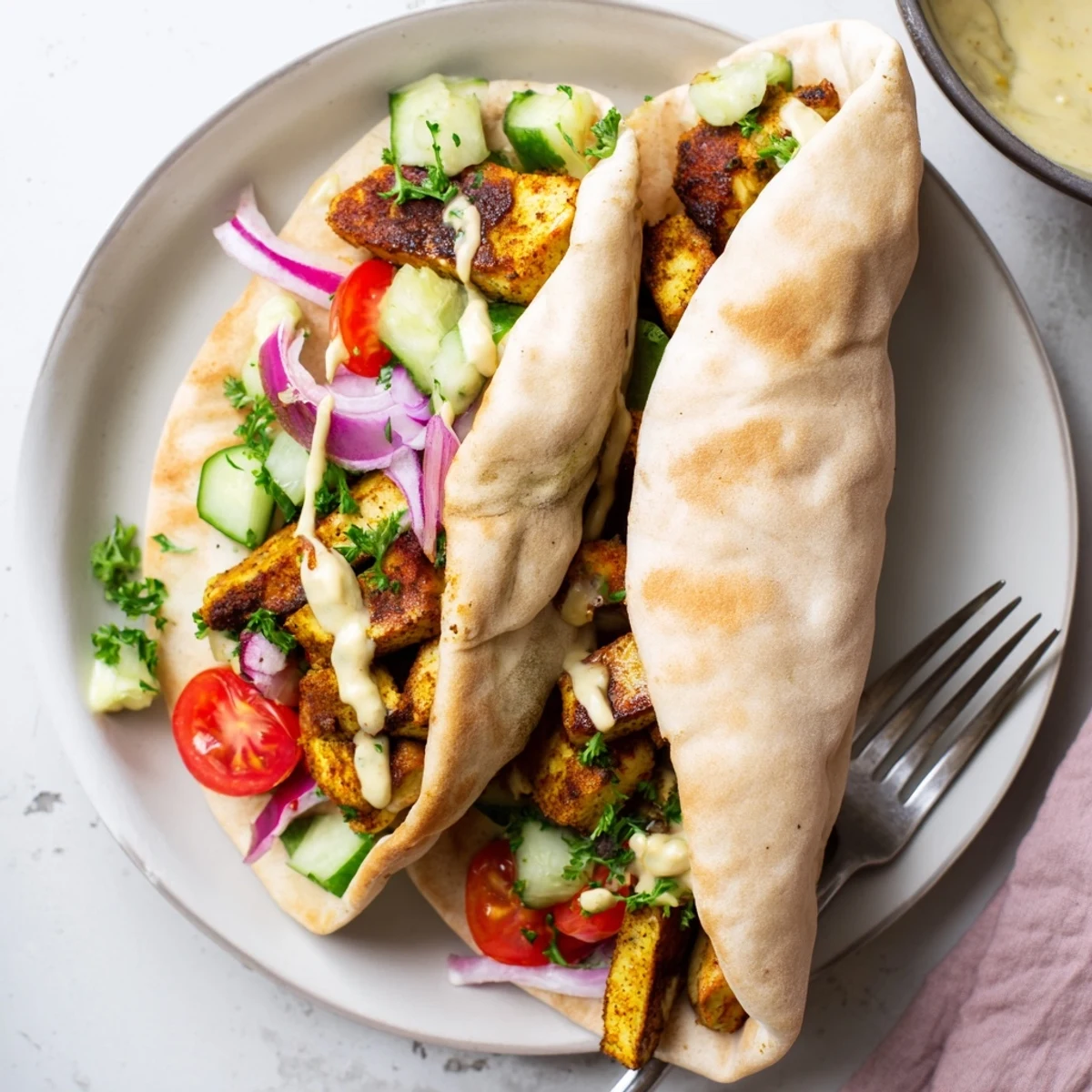 Golden tofu shawarma slices roasted with warm Middle Eastern spices on a parchment-lined baking sheet