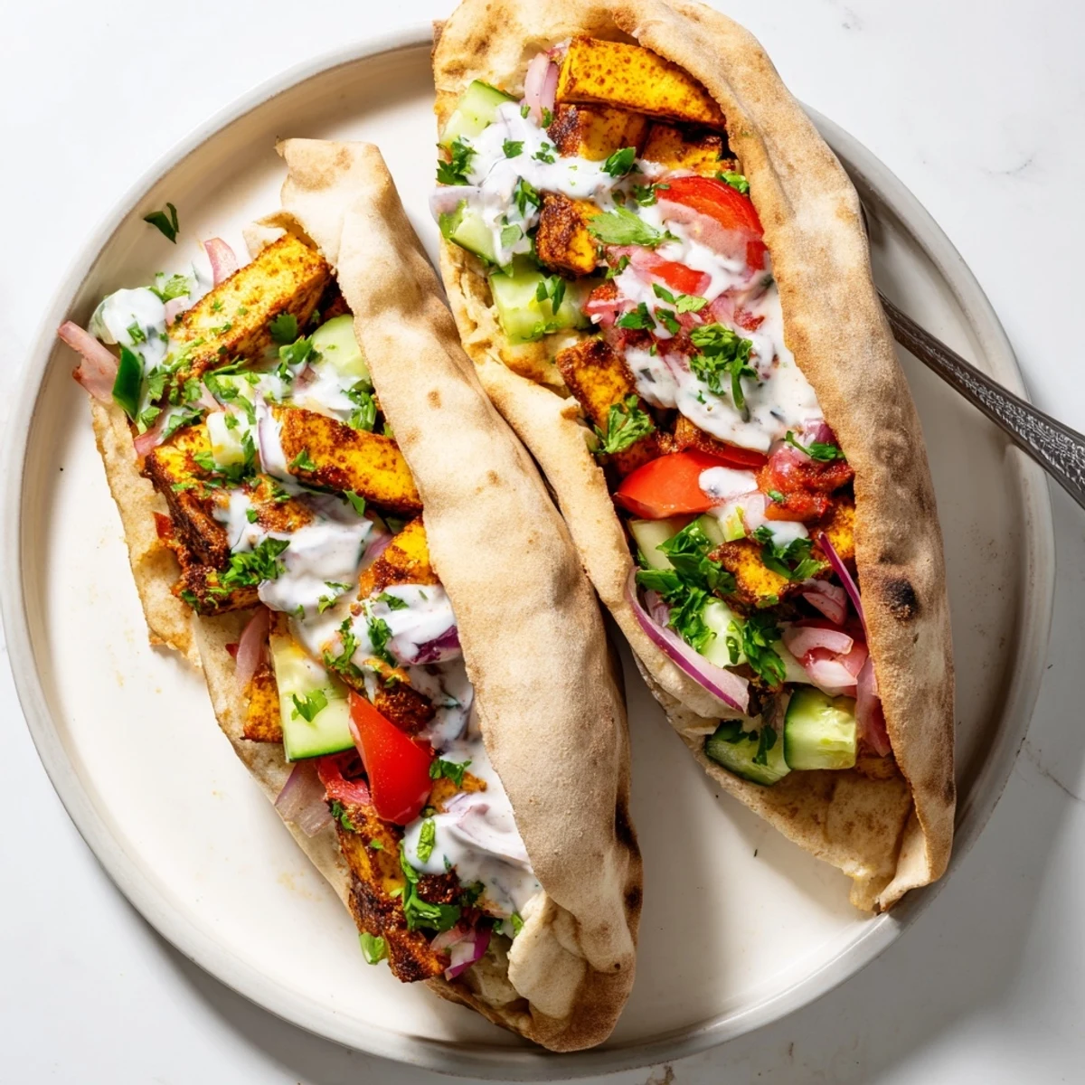 Crispy spiced tofu shawarma tucked into warm pita with cucumber, tomato, and creamy tahini sauce