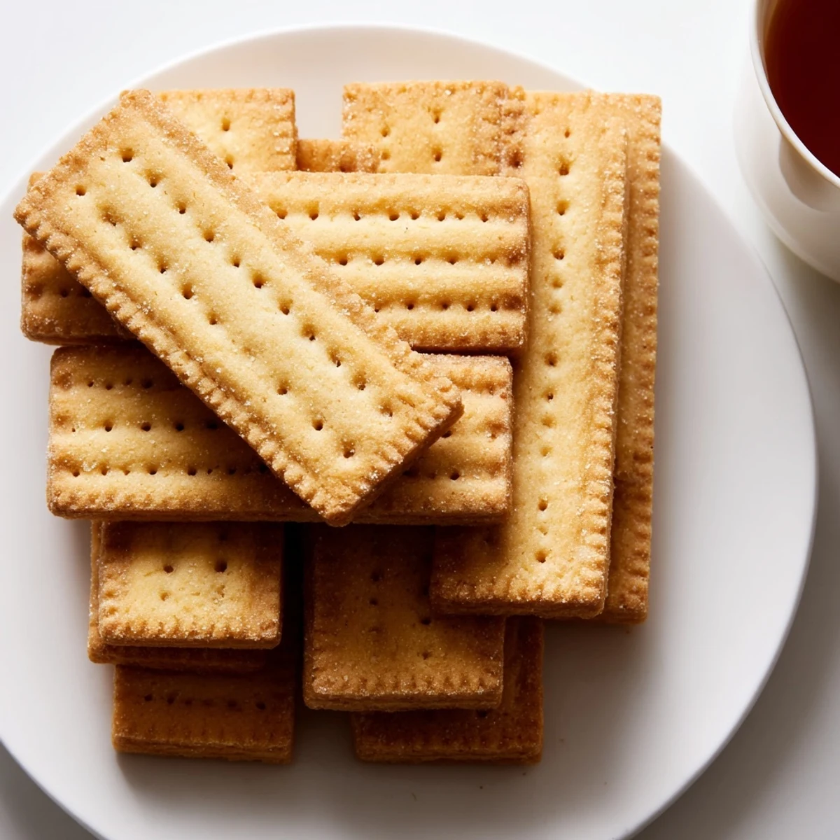 Golden French Petit Beurre cookies arranged on a rustic wooden board with tea