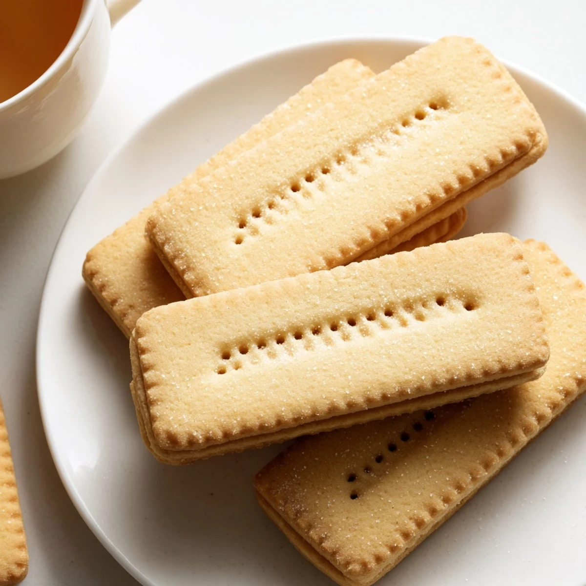 Buttery Petit Beurre cookies with fork prick marks stacked beside a coffee cup