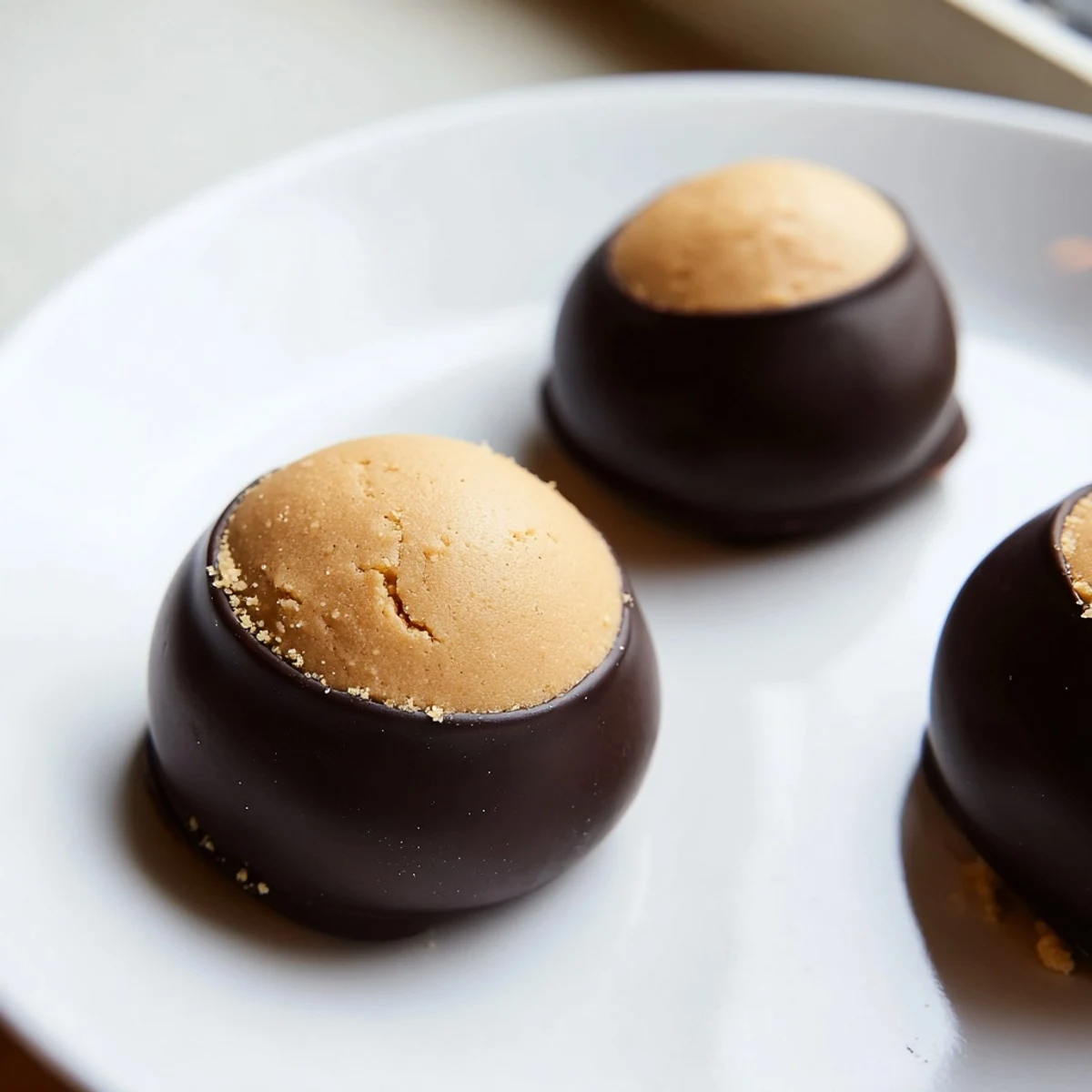 Golden buckeye cookies with creamy peanut butter centers dipped in glossy semisweet chocolate