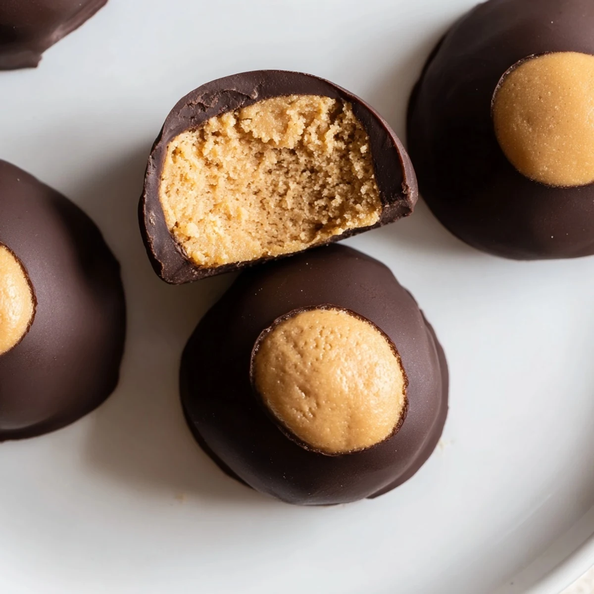 Rich chocolate-dipped buckeye cookies arranged on parchment revealing golden peanut butter tops