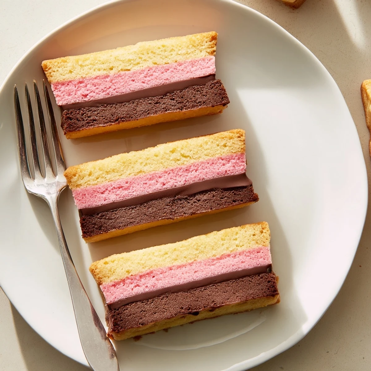Colorful Neapolitan Cookies with chocolate, vanilla, and strawberry layers on a rustic baking sheet