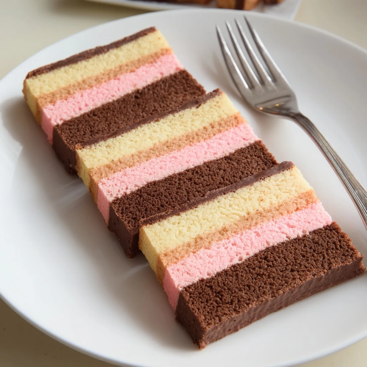 Tri-colored Neapolitan Cookies sliced to reveal buttery chocolate, vanilla, and pink dough