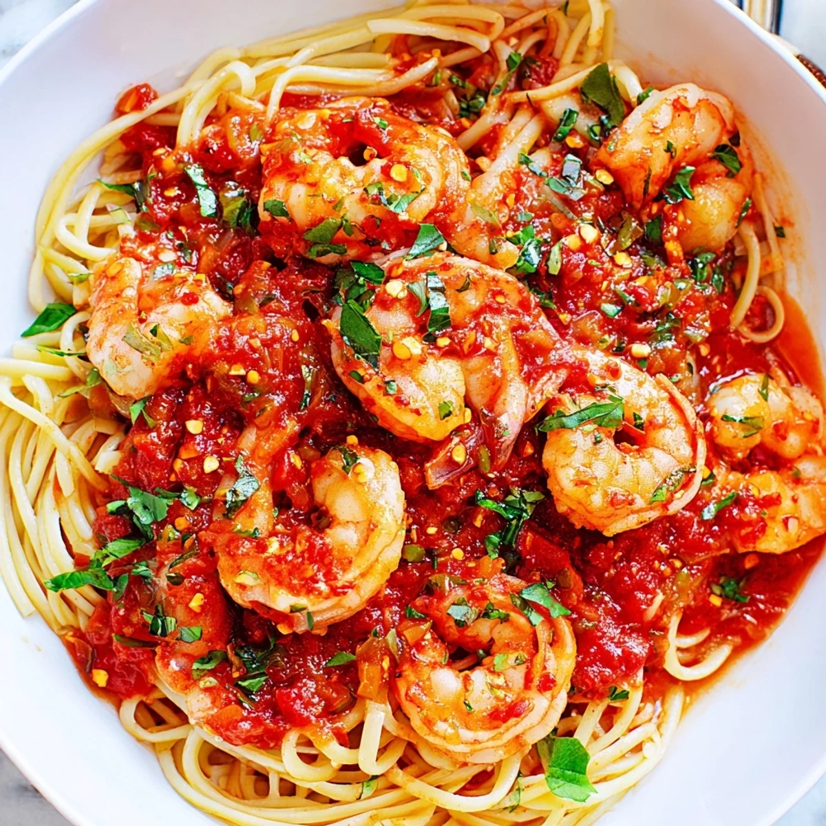 Plump shrimp fra diavolo nestled in a bold, spicy tomato sauce with fresh parsley