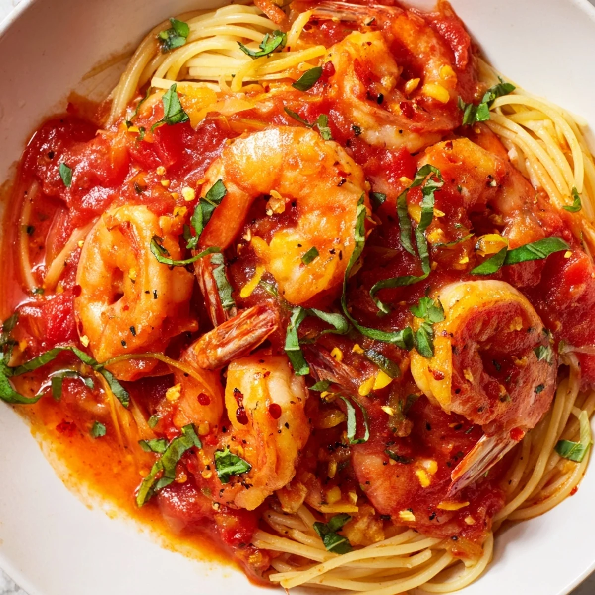 Fiery shrimp fra diavolo served over steaming spaghetti with a sprinkle of basil