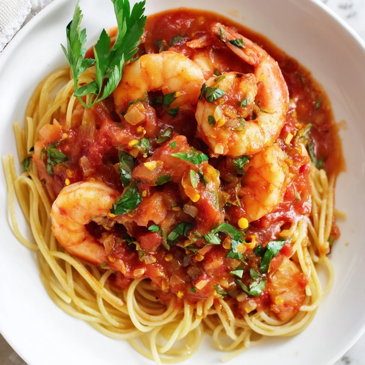 Sizzling skillet of shrimp fra diavolo in rich red sauce beside crusty bread