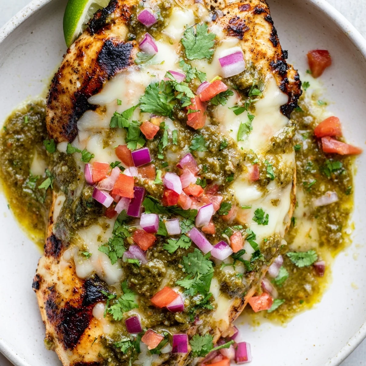 Melty Pepper Jack cheese blankets grilled salsa verde chicken with fresh cilantro and lime wedges nearby.