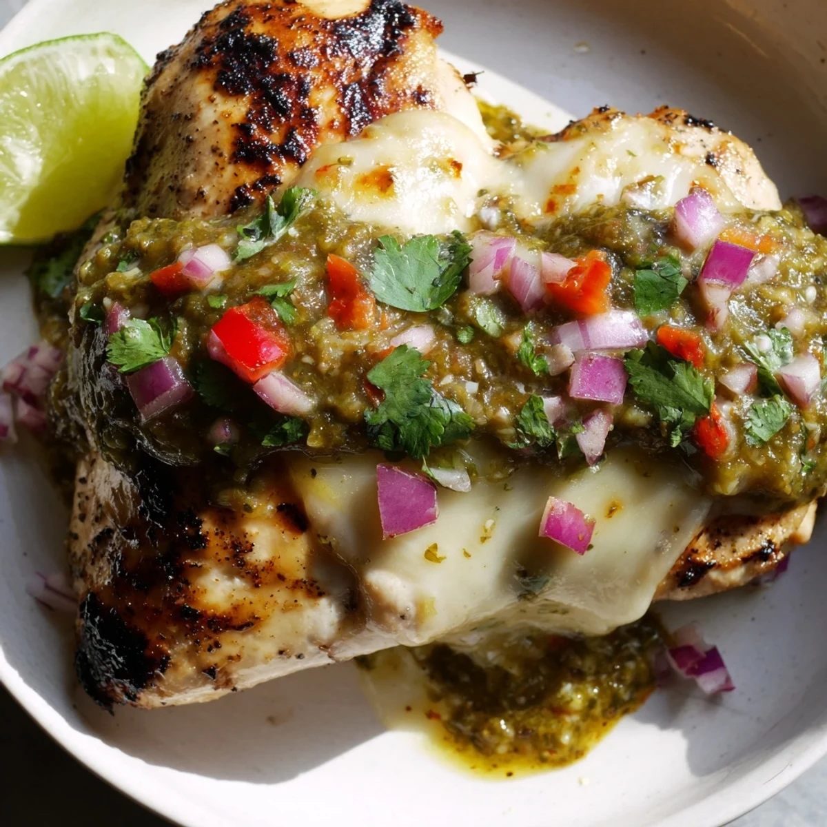 Golden grilled salsa verde pepper jack chicken topped with gooey melted cheese on a rustic plate.