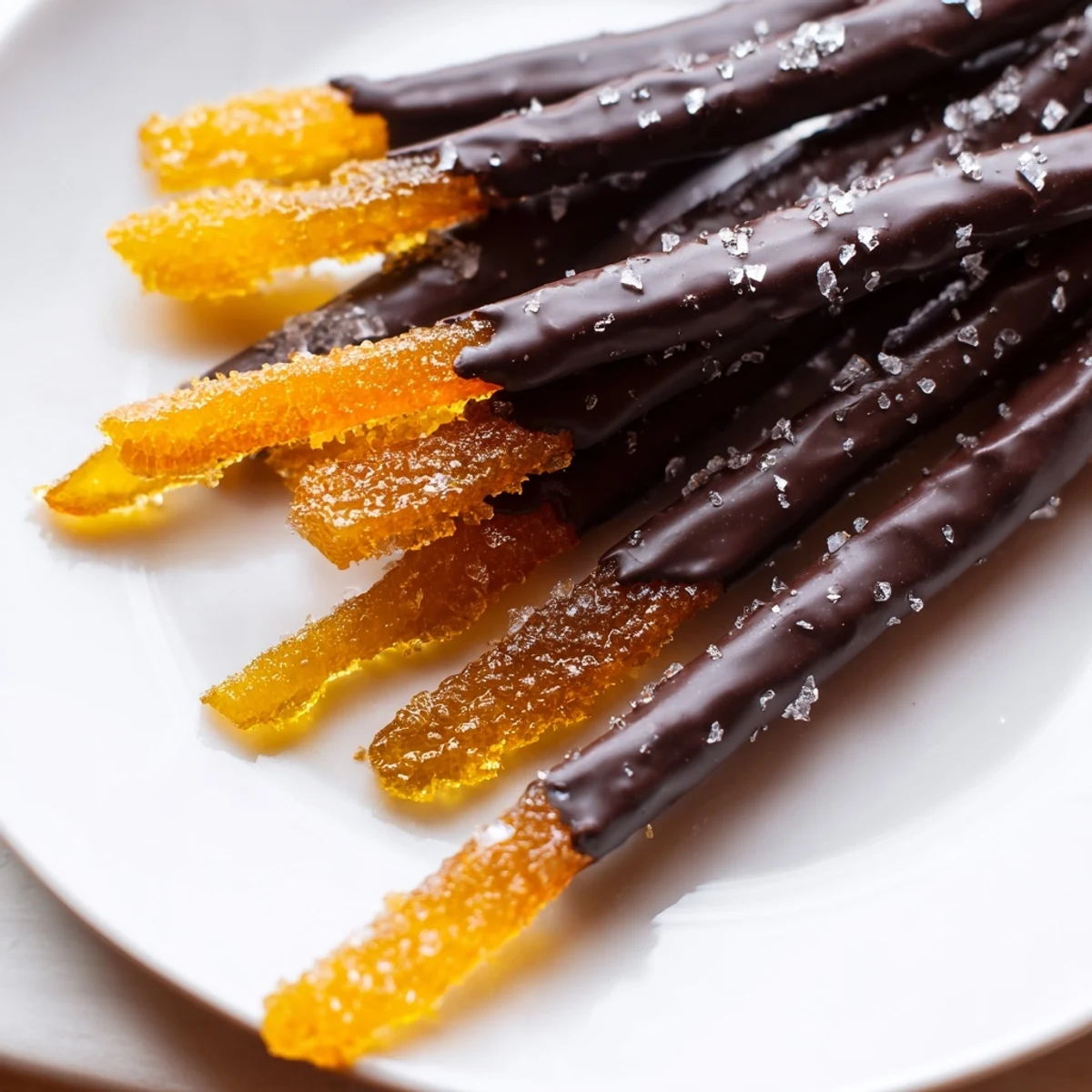 Glistening chocolate covered orange peels arranged on parchment with flaky sea salt