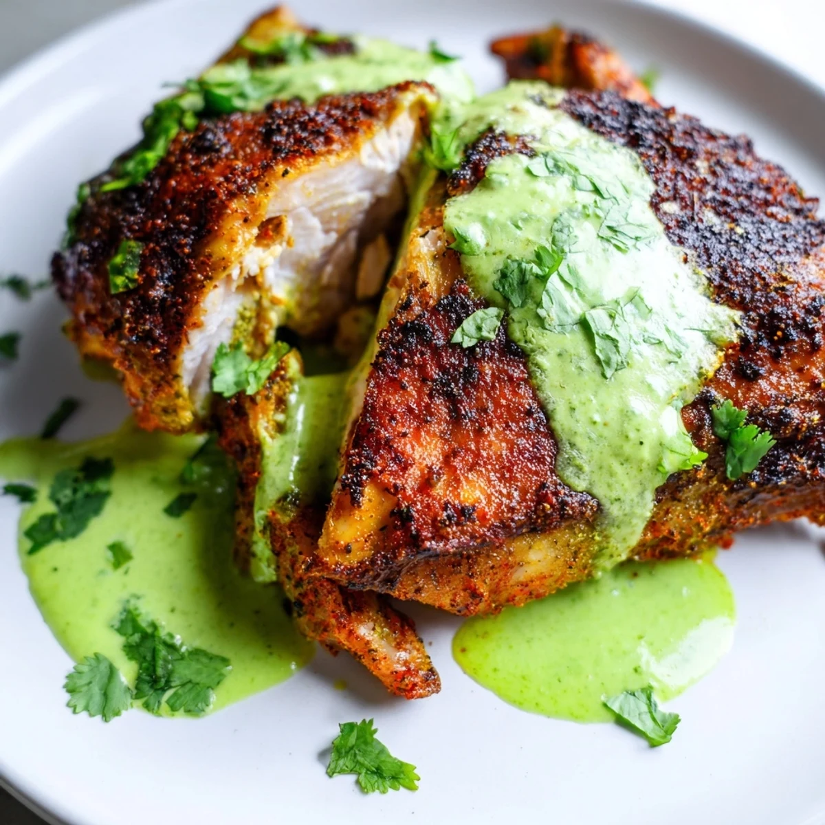 Golden Peruvian Chicken Delight with crispy skin served alongside vibrant green sauce