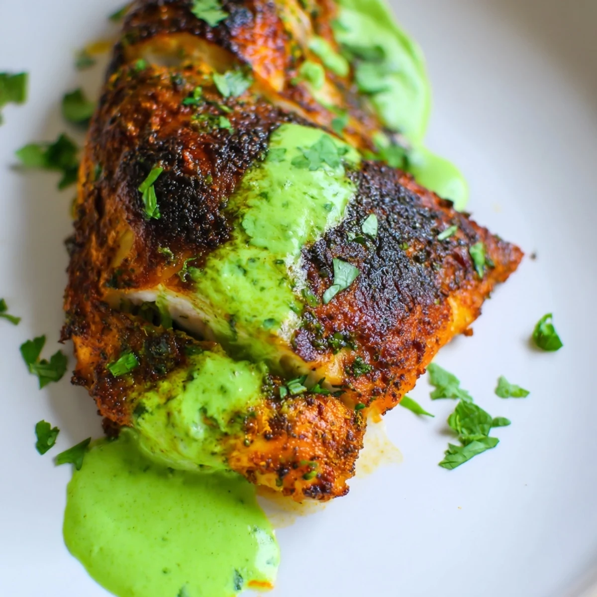 Tender Peruvian Chicken Delight carved on a platter drizzled with creamy cilantro sauce