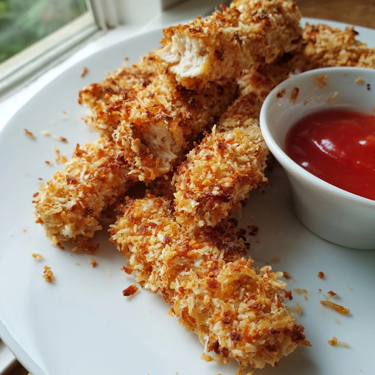 Crispy coconut chicken tenders fresh from the oven on a rustic plate