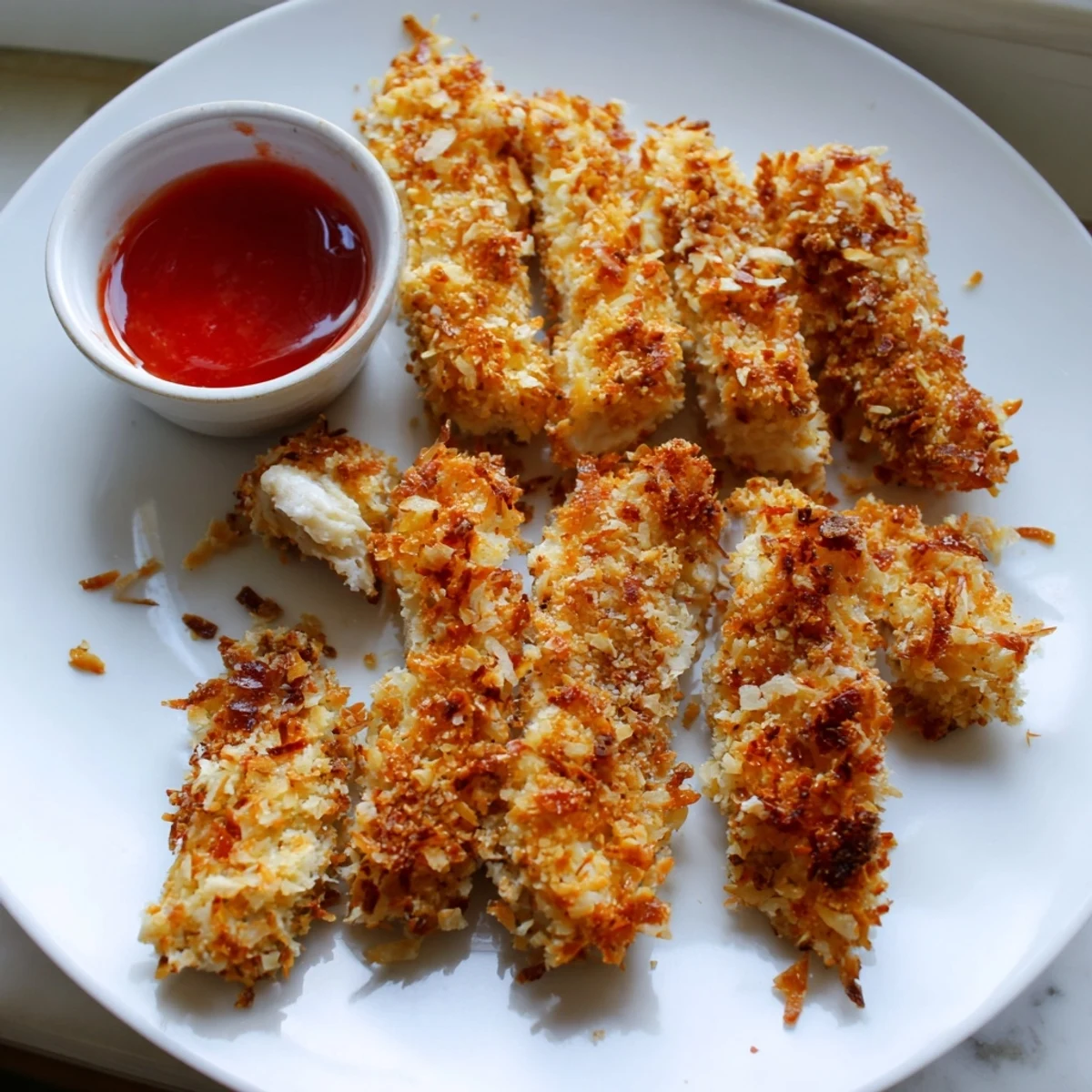Golden crunchy coconut chicken strips served hot with sweet chili dipping sauce