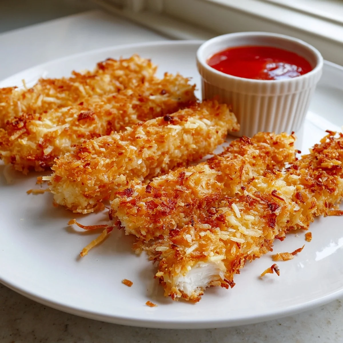 Crunchy coconut chicken pieces arranged over mixed greens with mango chutney