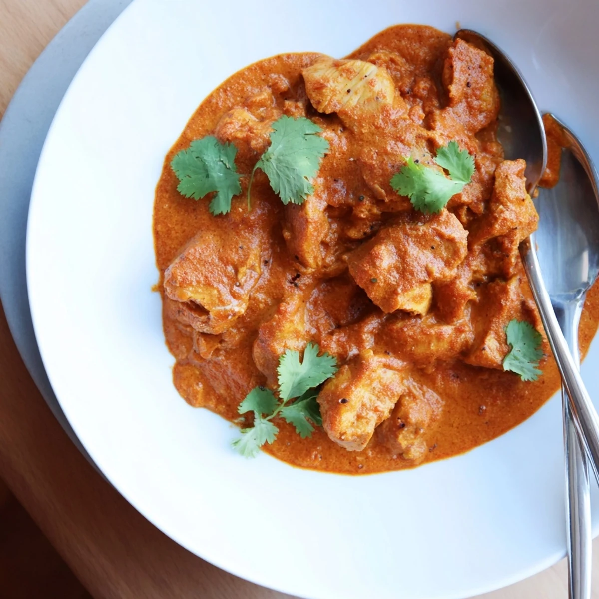 Creamy Crockpot Butter Chicken simmering in rich golden spiced tomato sauce with fresh cilantro