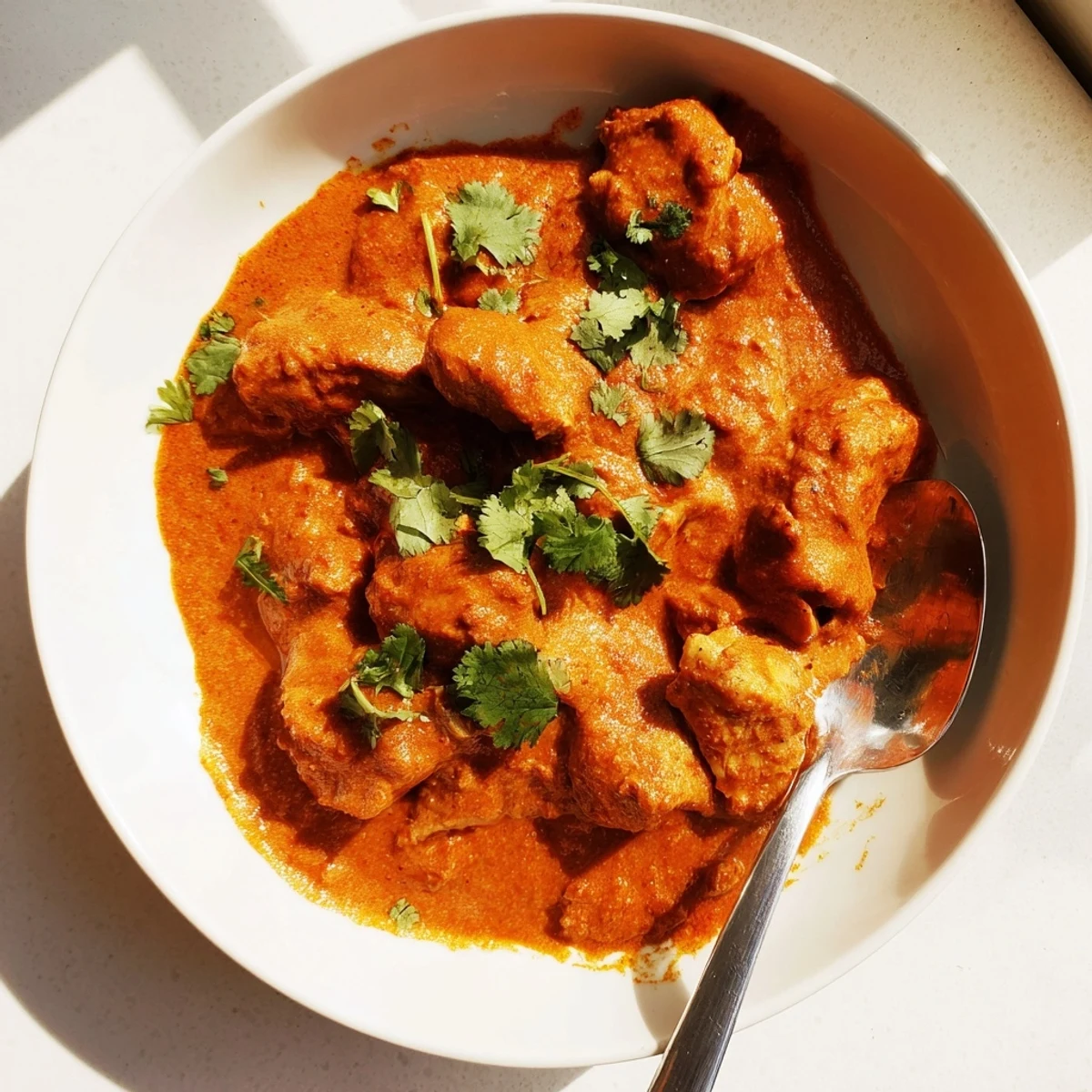 Golden Crockpot Butter Chicken in a velvety butter sauce garnished with cilantro and naan