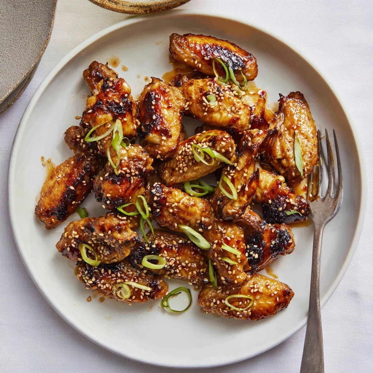 Crispy baked miso honey marinated chicken wings drizzled with sticky golden glaze