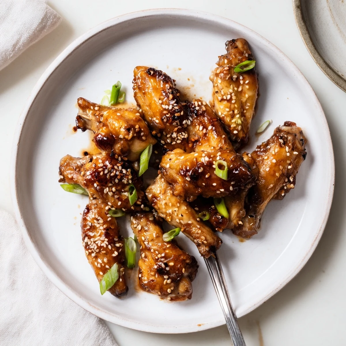 Glossy miso honey marinated chicken wings garnished with sesame seeds on a platter