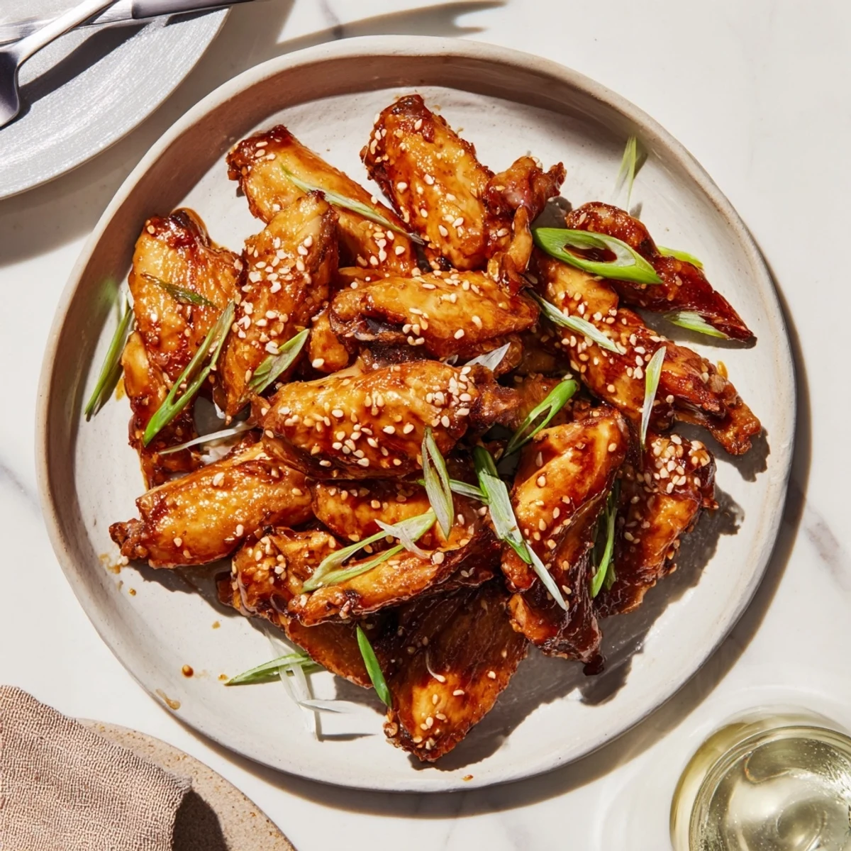 Juicy miso honey marinated chicken wings fresh from the oven with sliced green onions
