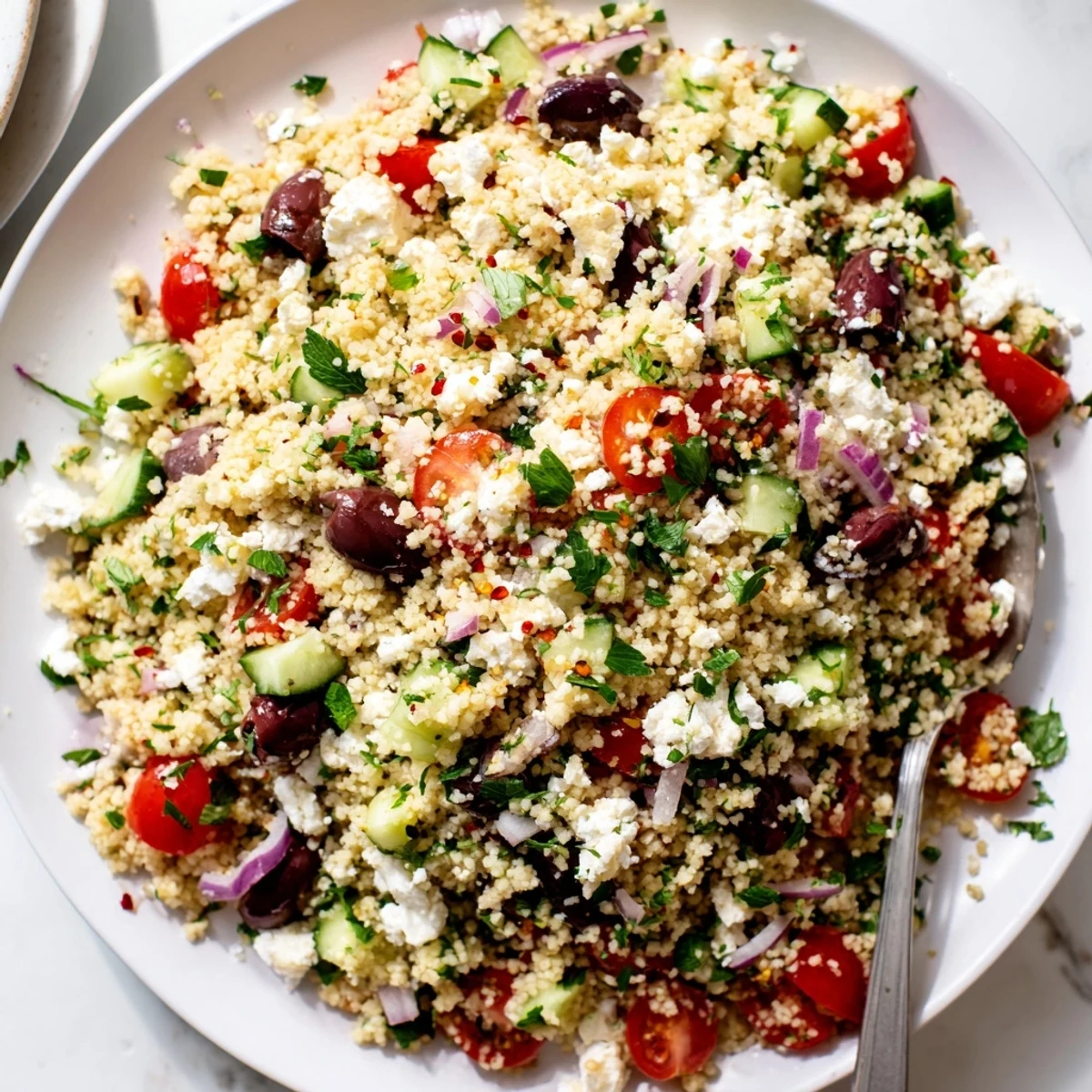 Fluffy Mediterranean Couscous Salad drizzled with spicy-sweet hot honey lemon vinaigrette in a rustic bowl