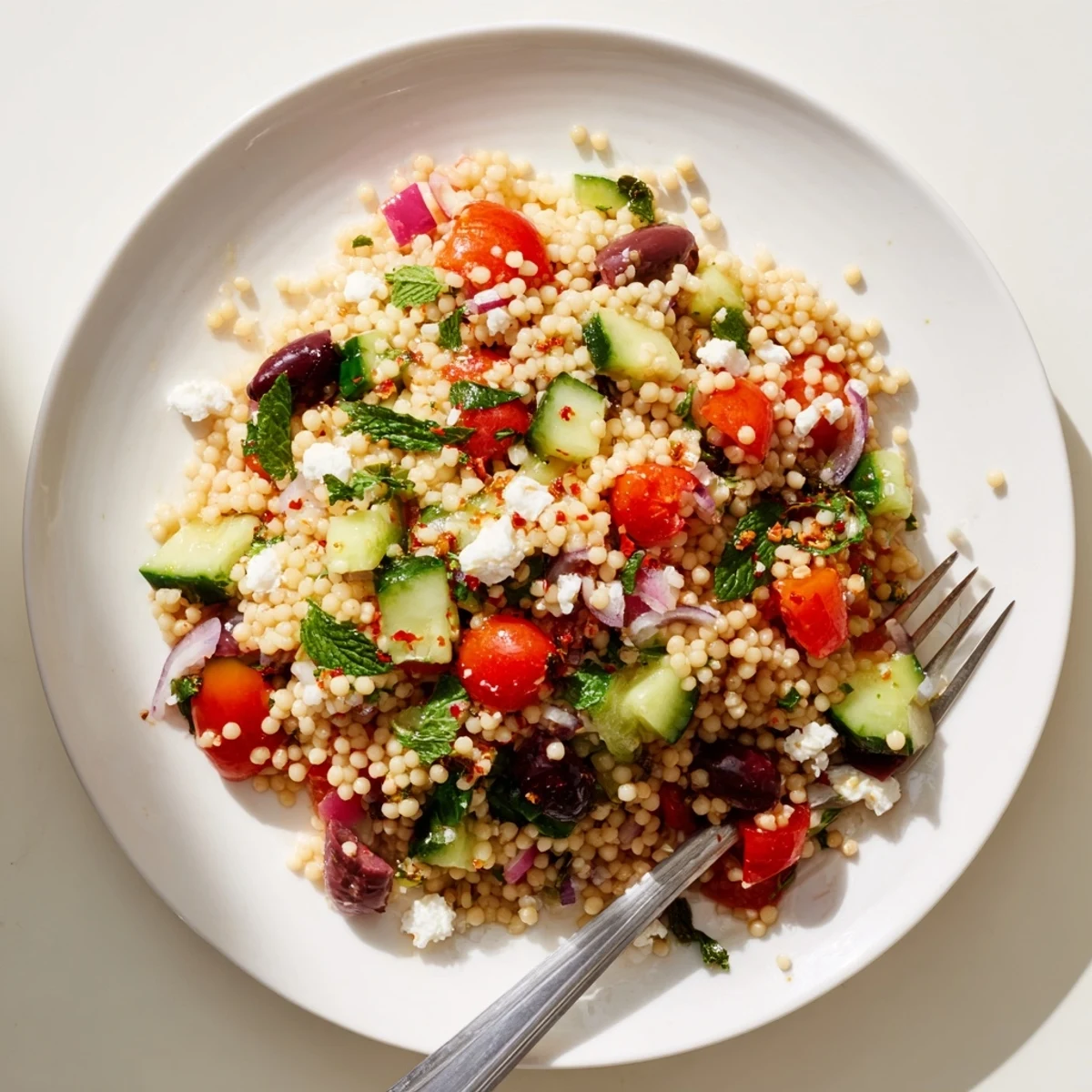 Colorful Mediterranean Couscous Salad topped with crumbled feta, ripe tomatoes, and fresh herbs