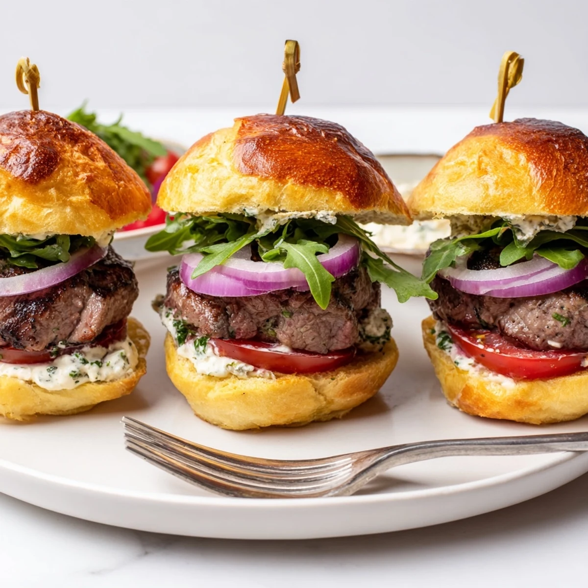 Juicy filet mignon sliders on golden garlic parmesan rolls with fresh arugula and tomato