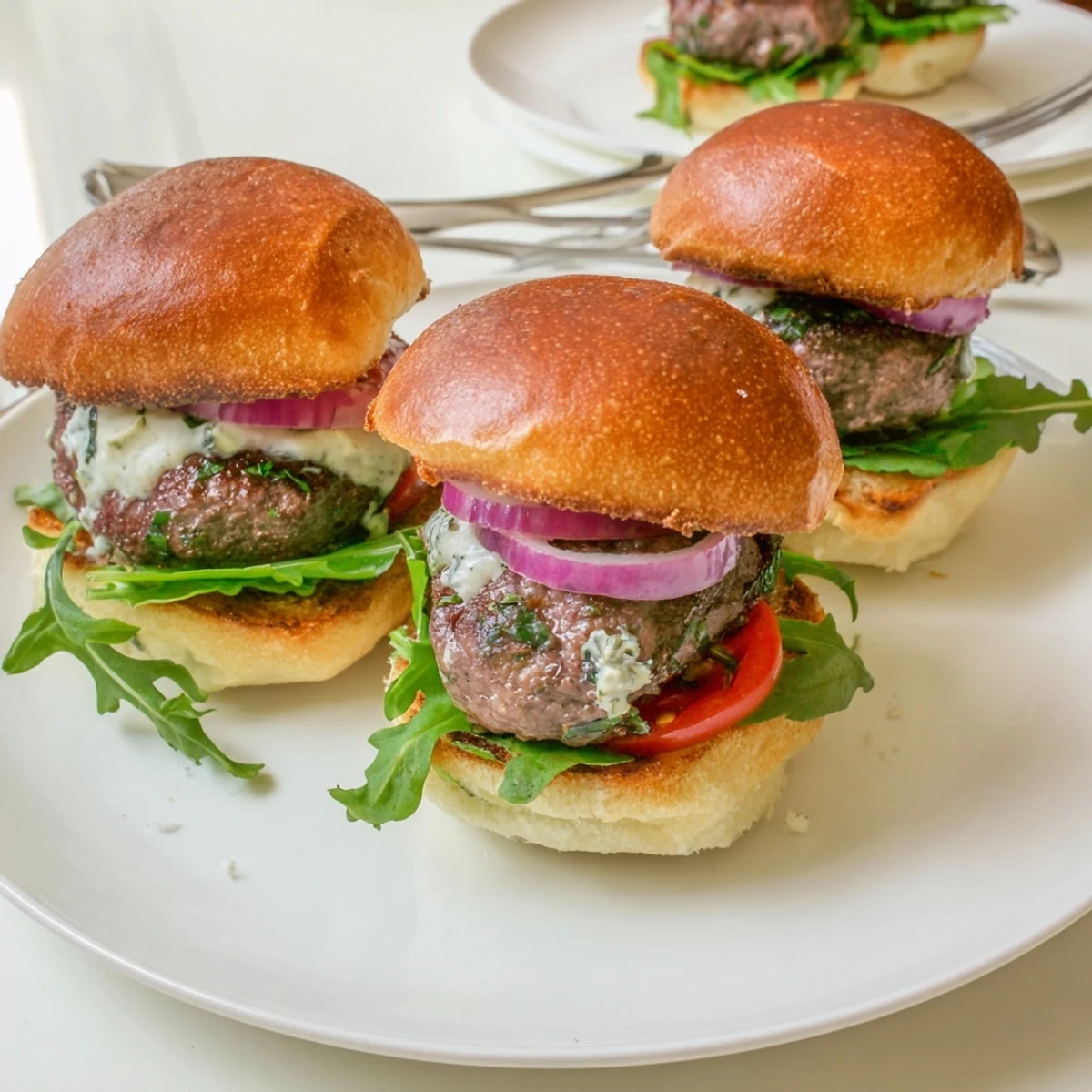 Crispy garlic parmesan rolls holding tender seared filet mignon sliders with horseradish cream drizzle