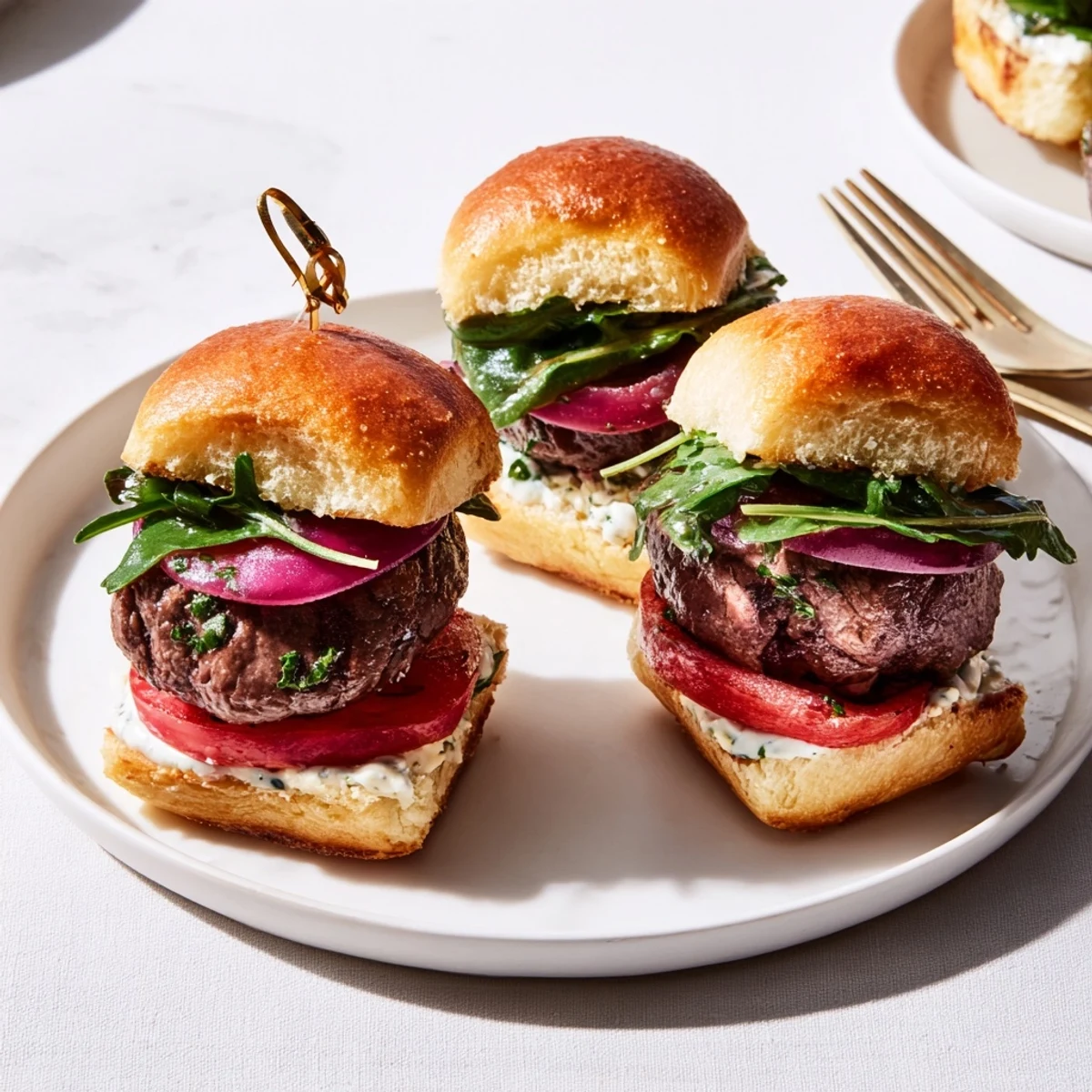 Savory filet mignon sliders stacked on toasted brioche with melted butter and parmesan crust
