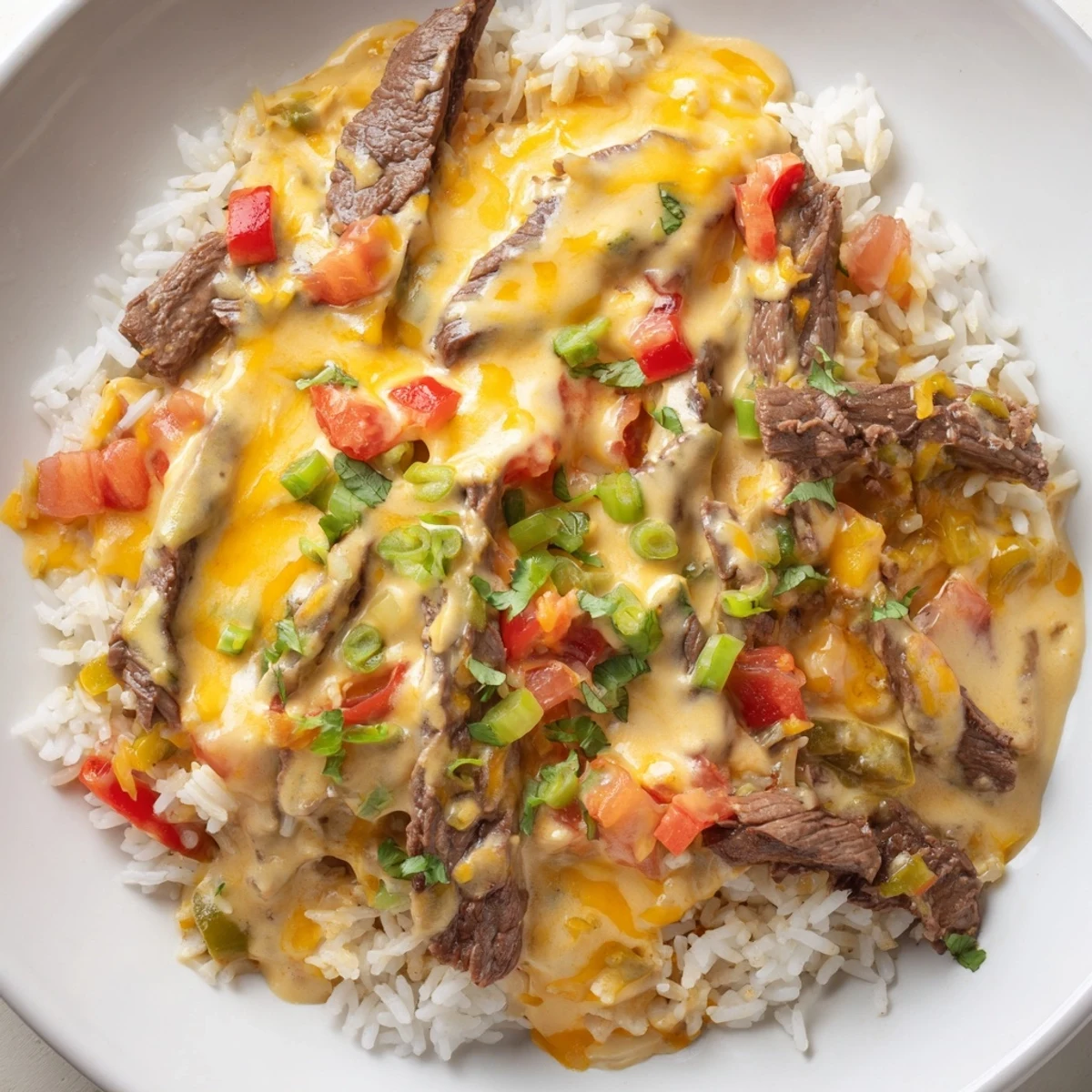 Creamy steak queso rice in a rustic bowl topped with fresh cilantro and diced tomatoes
