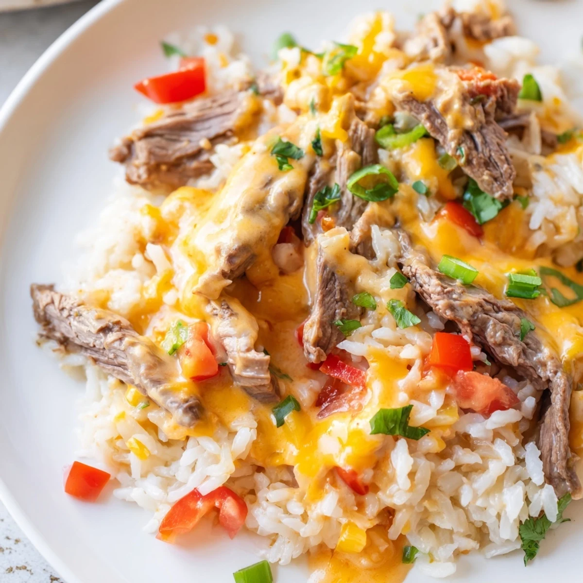 Steak queso rice loaded with tender sliced beef, melted cheese sauce, and colorful bell peppers