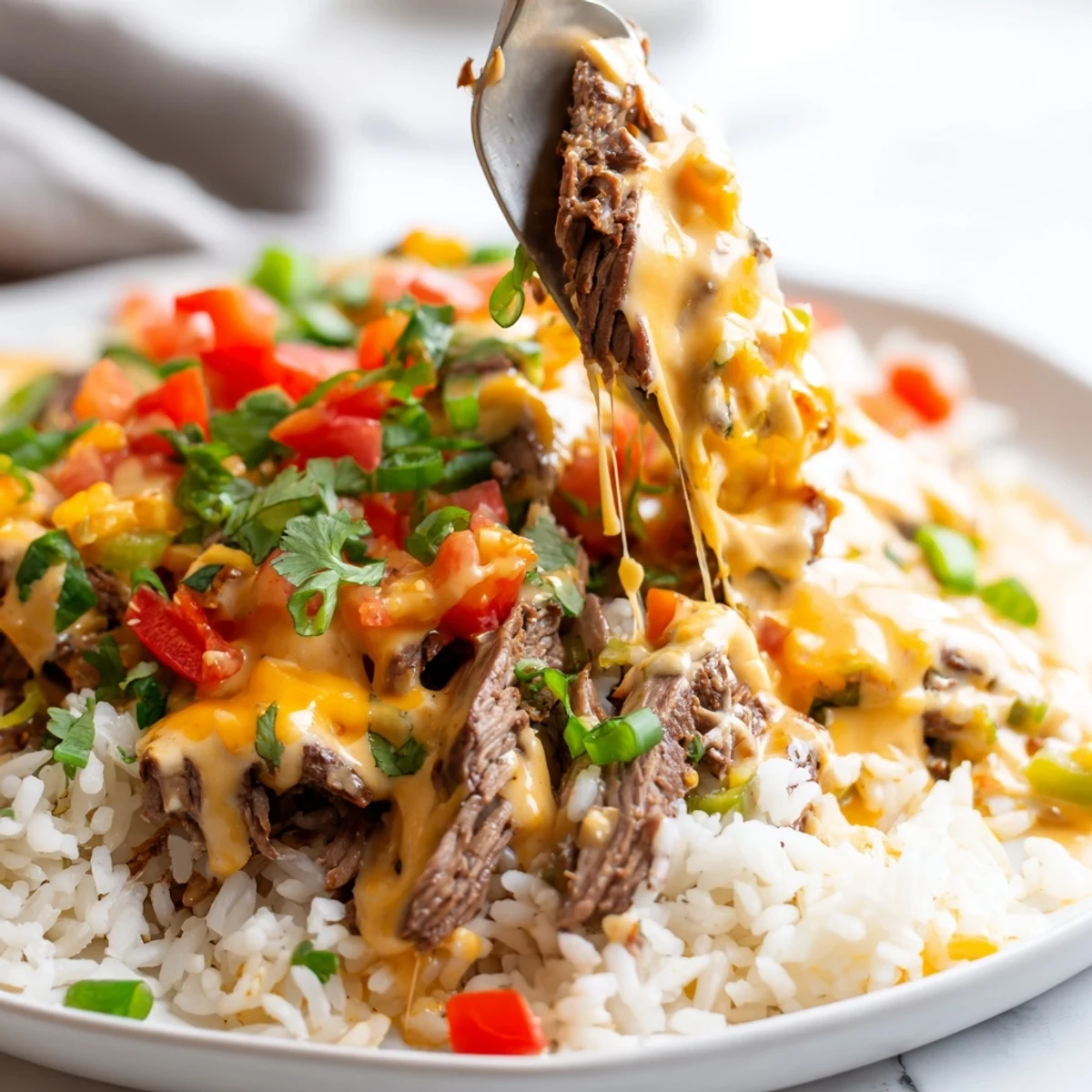 Golden steak queso rice drizzled with rich queso and garnished with green onions in a skillet