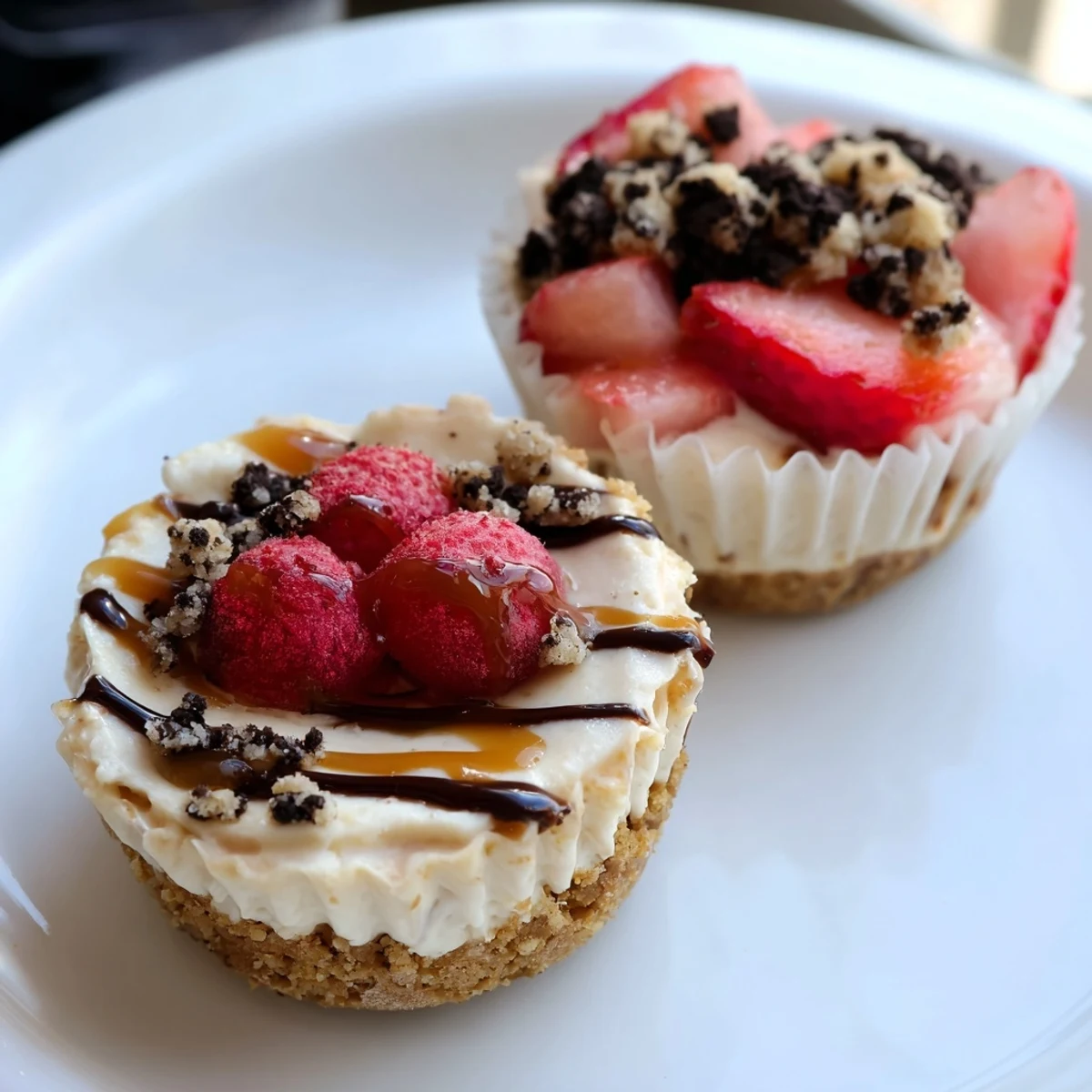 Golden mini cheesecakes topped with fresh berries on a rustic white plate
