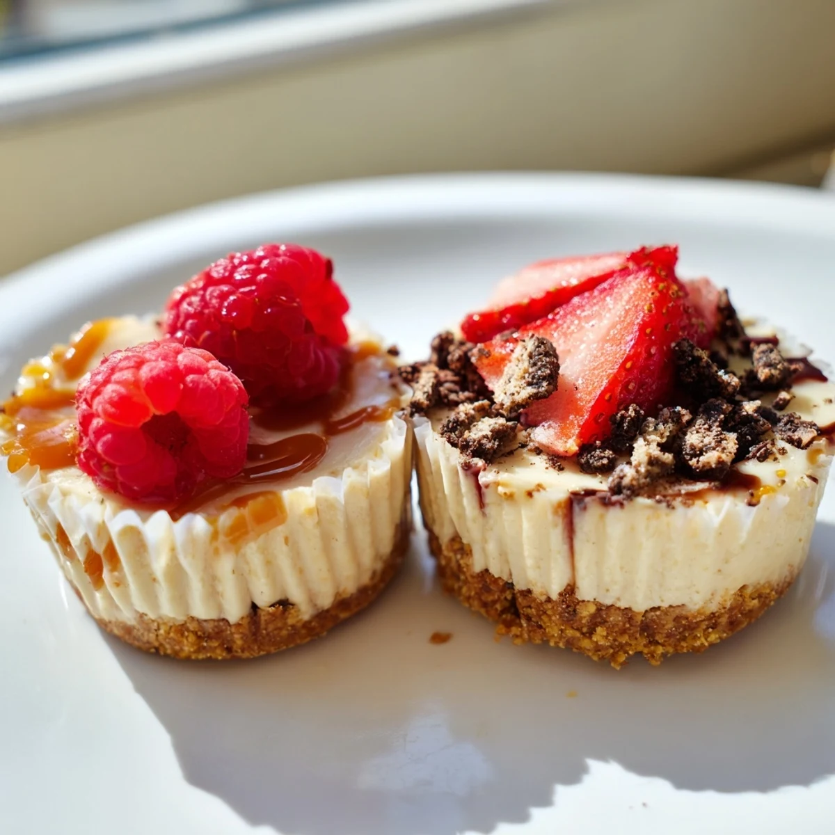 Creamy mini cheesecakes with graham cracker crust drizzled in rich caramel sauce