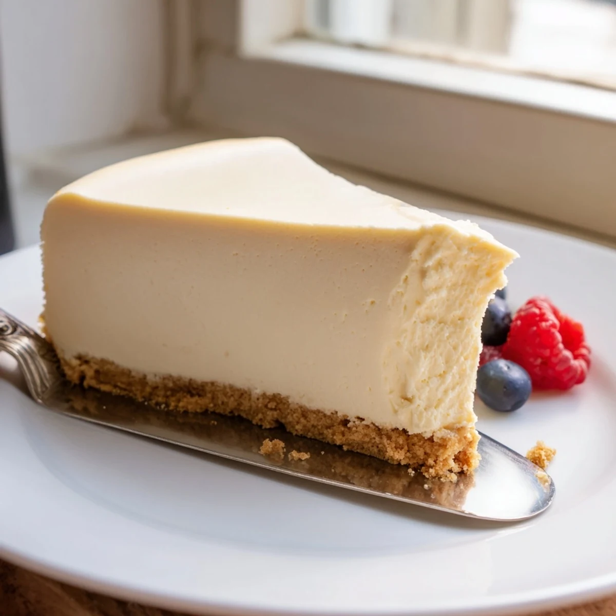 Creamy cheesecake with golden graham cracker crust, sliced and ready to serve