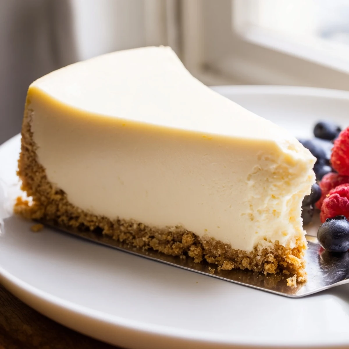 Rich baked cheesecake with a buttery cookie crust dusted in powdered sugar