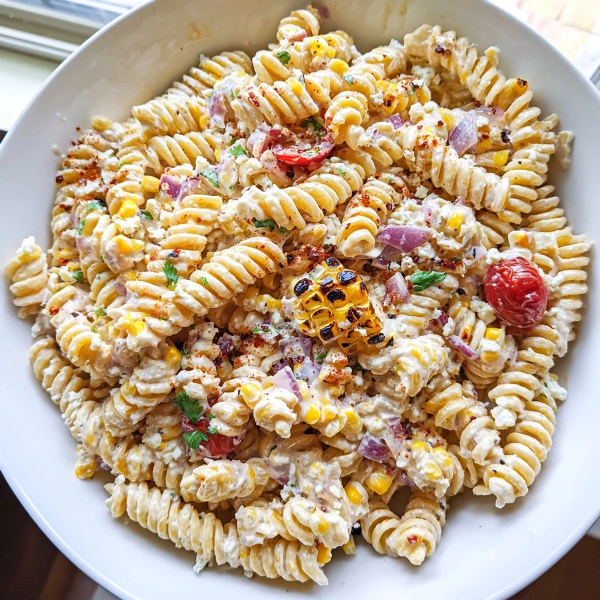 Creamy elote pasta salad topped with crumbled cotija cheese and fresh cilantro