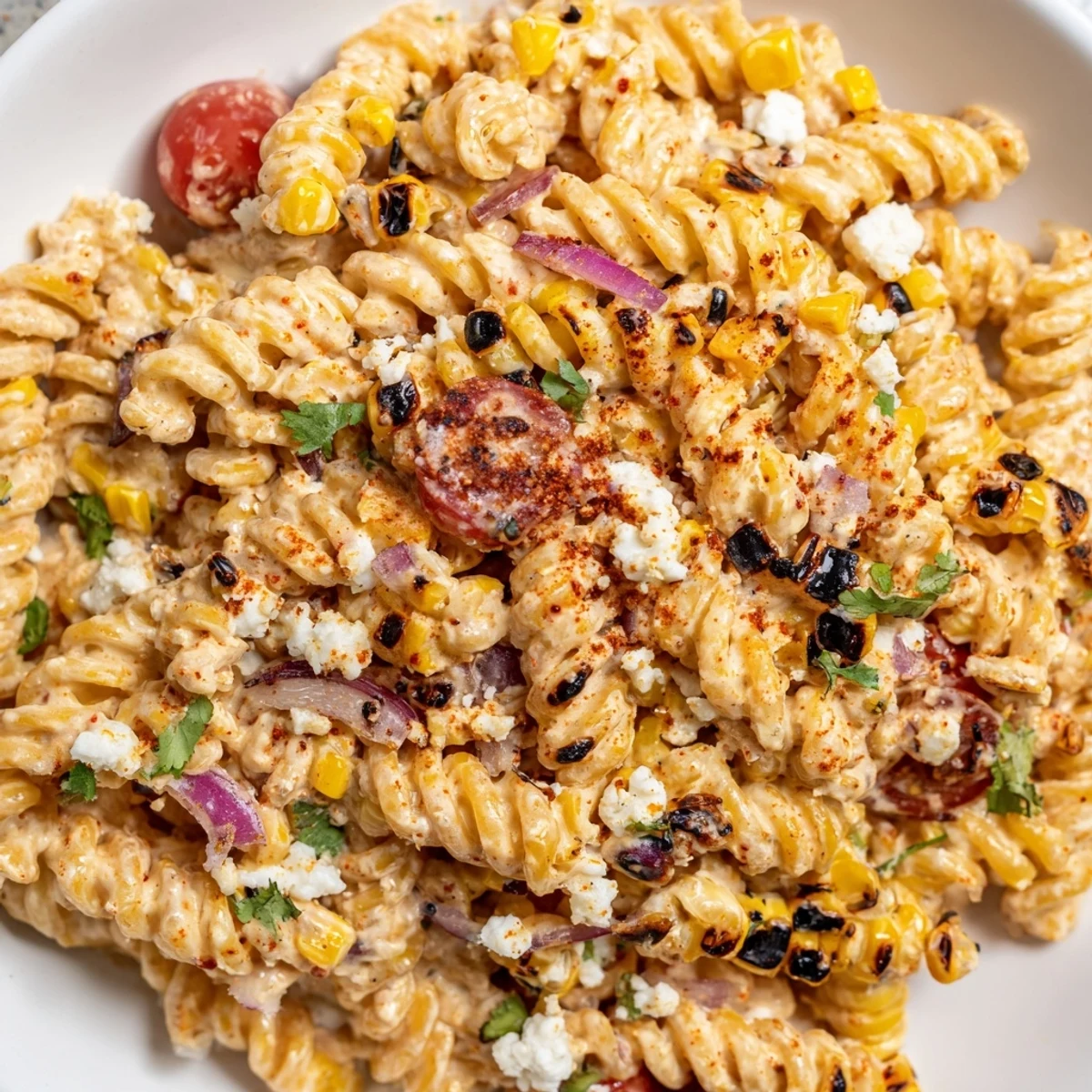 Charred corn and tangy dressing coat every bite of this colorful elote pasta salad