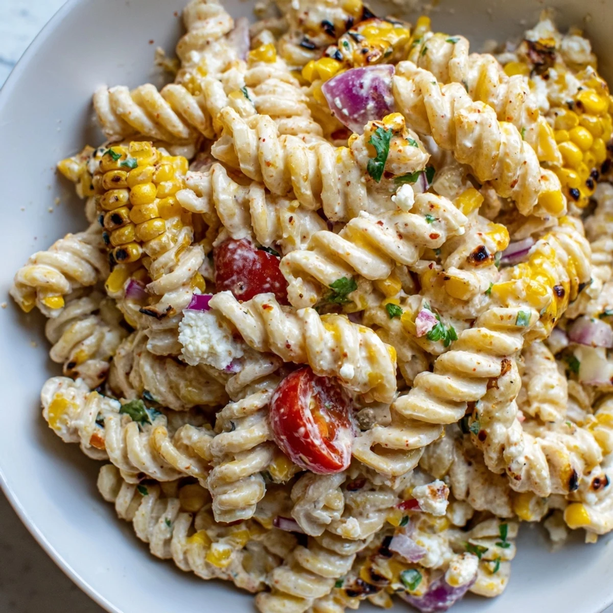 Vibrant elote pasta salad served in a bowl with smoky chili-lime crema drizzle