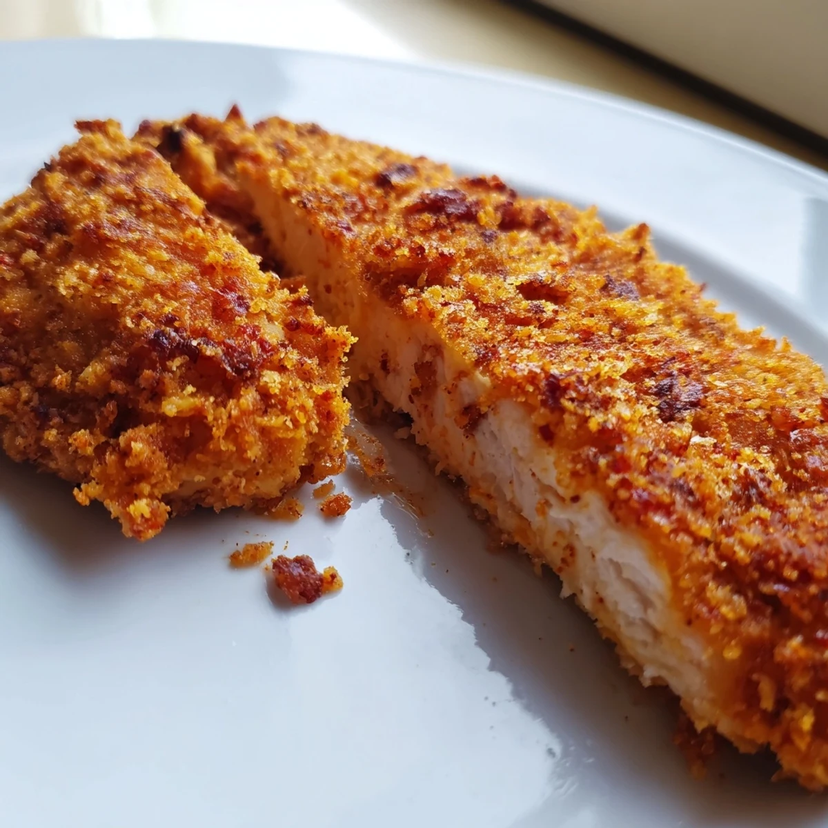 Crispy golden Paprika Parmesan Chicken fresh from the oven on a rustic plate
