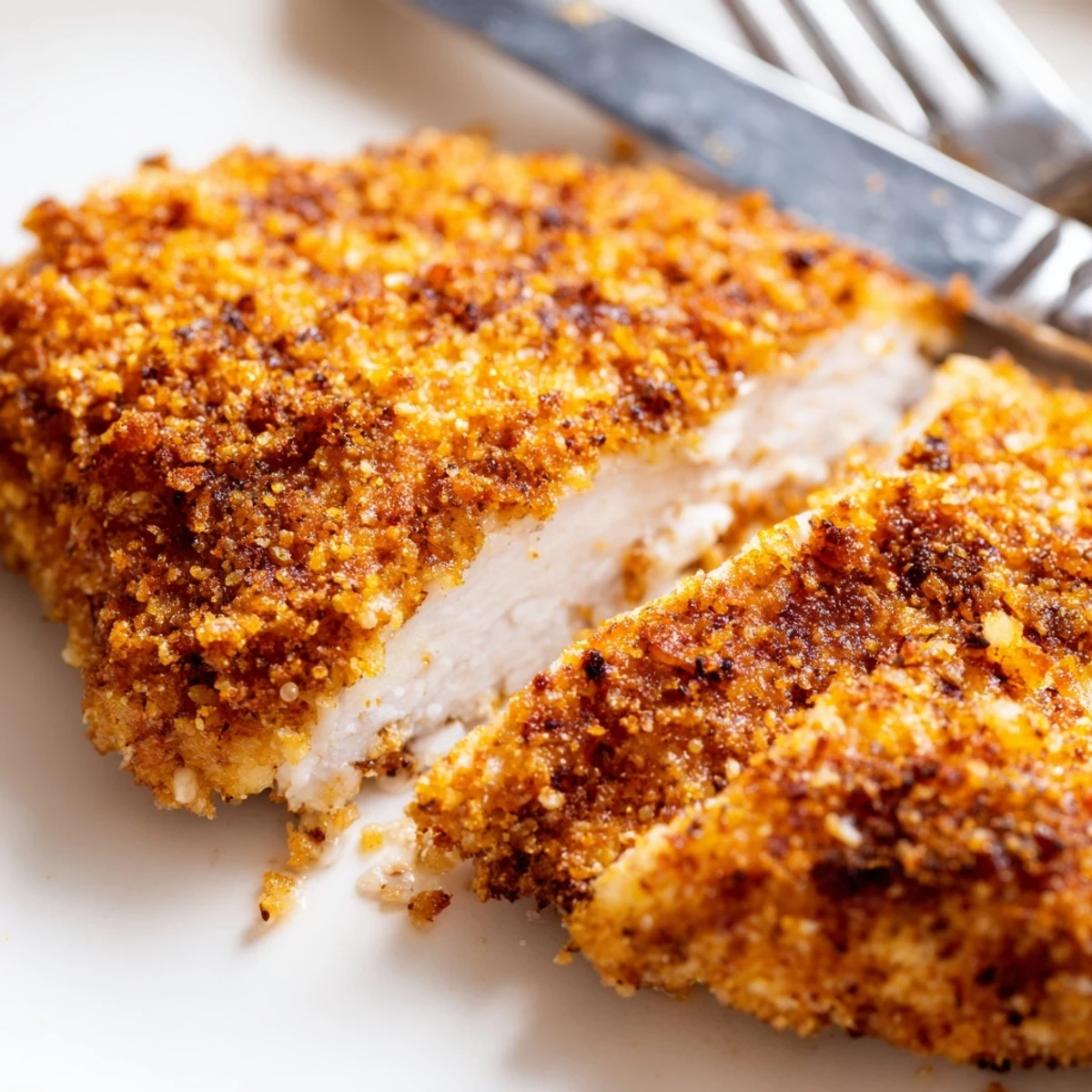 Juicy Paprika Parmesan Chicken sliced open revealing tender meat with a spiced crust